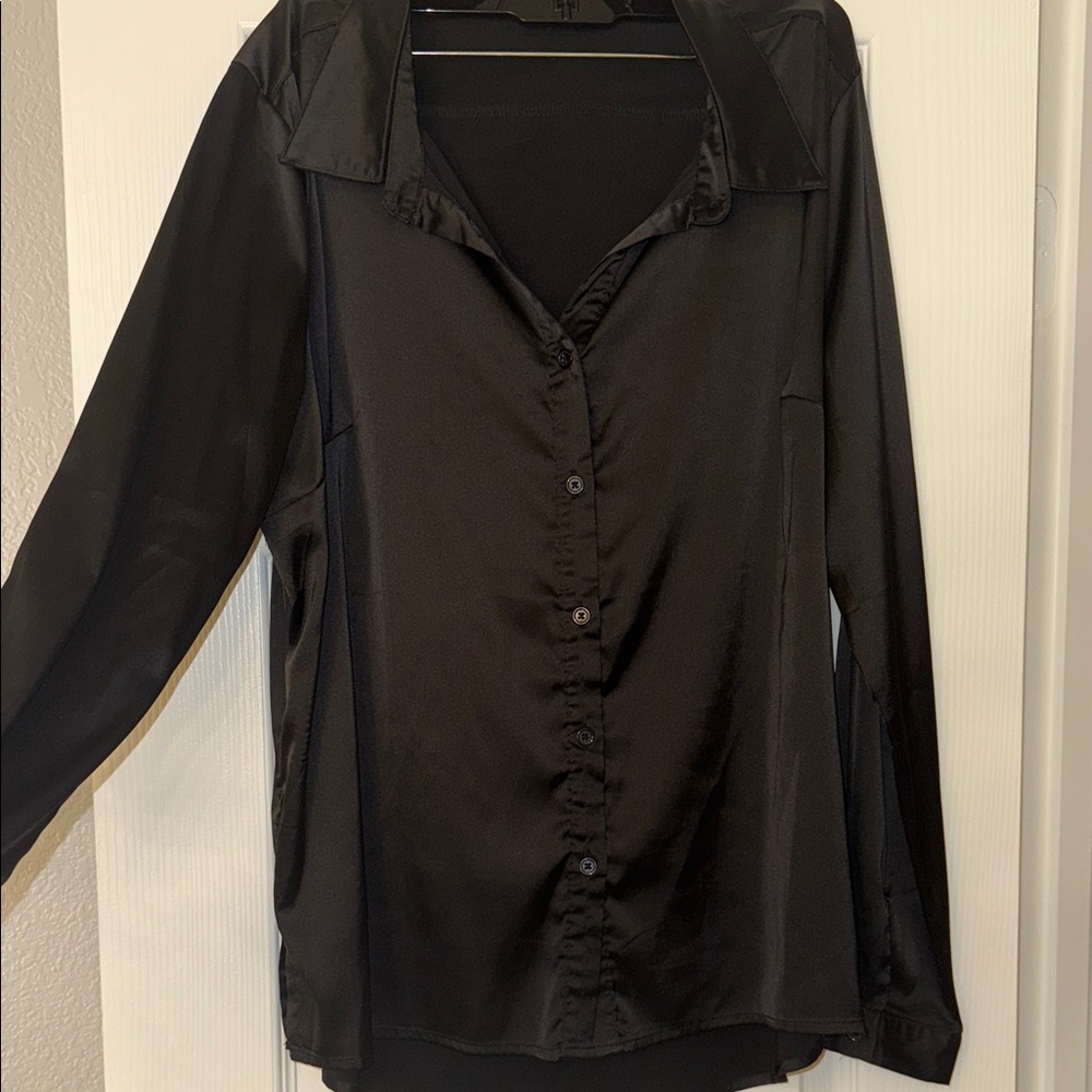Fashion Nova Black Satin Button-Down Shirt